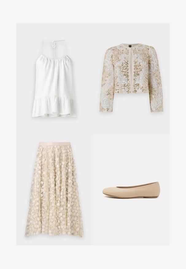 Beige värviga tikandiga lühike jak, millel on roosa, rohelise ja sinise lillemustrid. Omab pikki varrukaid ja ümmargust kaelust.; Valge käisteta pluus, mis on valmistatud kergest kangast. Omab kogutud kaelust ja laienevat volangäärt. Seljaosas on seotav kinnis.; Lillene tikandid läbipaistval kreemjas seelikuärmal, millel on satiinist vöökoht. Kujunduses on väikesed, õrnad lilled ja lehed.; Beeži nahk balletitossud ümarate varvastega, minimaalse õmbluse detailiga, madala kanna ja diskreetse logoga taga. Sile, mati tekstuur.