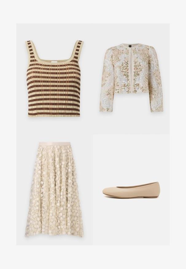 Hímesített, bézs színű, cropped dzseki rózsaszín, zöld és kék virágmotívumokkal. Hosszú ujjaival és kerek nyakkivágásával rendelkezik.; Barázdált, rövidített top krémszínben, barna és narancssárga függőleges csíkokkal. Négyzet alakú nyakkivágással és széles pántokkal rendelkezik a támogatás érdekében.; Virágos hímzés egy áttetsző, krém színű szoknyán, selyem derékkal. A mintázat kis, finom virágokat és leveleket ábrázol.; Beige bőr balettcipő lekerekített orral, minimális varrás részletekkel, alacsony sarkú és diszkrét logóval a hátsó részen. Simább, matt textúrájú.