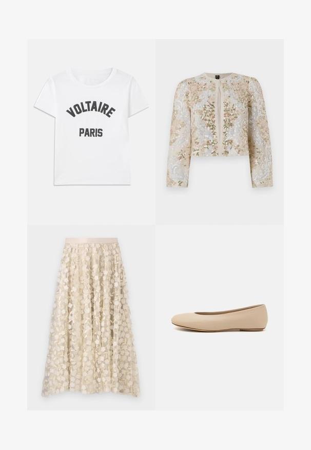 Beige värviga tikandiga lühike jak, millel on roosa, rohelise ja sinise lillemustrid. Omab pikki varrukaid ja ümmargust kaelust.; Valge puuvillane T-särk, millel on must graafiline tekst, mis loeb "VOLTAIRE" kaarekujulise pealkirjana "PARIS." Lühikesed varrukad ja ümmargune kaelus.; Lillene tikandid läbipaistval kreemjas seelikuärmal, millel on satiinist vöökoht. Kujunduses on väikesed, õrnad lilled ja lehed.; Beeži nahk balletitossud ümarate varvastega, minimaalse õmbluse detailiga, madala kanna ja diskreetse logoga taga. Sile, mati tekstuur.