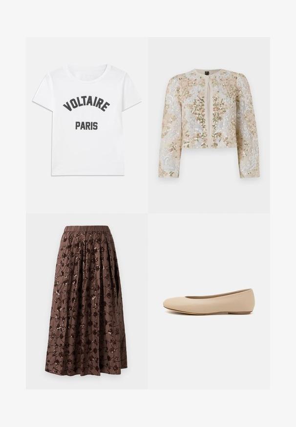 Vyšívaná zkrácená bunda v béžové barvě s květinovými motivy v růžové, zelené a modré. Má dlouhé rukávy a kulatý výstřih.; Bílý bavlněný tričko s černým grafickým textem "VOLTAIRE" umístěným nad "PAŘÍŽ". Krátké rukávy a kulatý výstřih.; Hnědá midi sukně s elastickým pasem, zdobená květinovými flitry, s plisovaným designem a hladkou texturou látky.; Béžové kožené baletní byty s kulatou špičkou, minimálním prošíváním, nízkým podpatkem a decentním logem na zadní straně. Hladký, matný povrch.