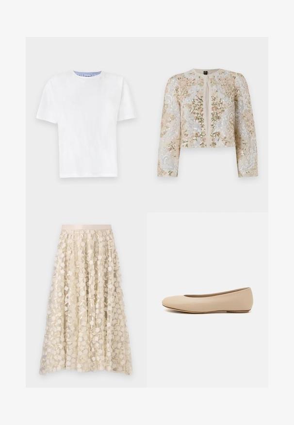 Vyvŕtaná skrátená bunda béžovej farby s kvetinovými motívmi v ružovej, zelenej a modrej. Má dlhé rukávy a okrúhly výstrih.; Biela bavlnená tričko s okrúhlym výstrihom. Obsahuje krátke rukávy a modré pruhované detaily na vnútornej strane výstrihu. Mäkká textúra, bežný strih.; Kvetinová výšivka na priesvitnej sukni v krémovej farbe so saténovým pásom. Dizajn obsahuje malé, jemné kvety a listy.; Béžové kožené baleríny s okrúhlym prstom, minimálnym švom, nízkym podpätkom a diskrétnym logom na zadnej strane. Hladká, matná textura.