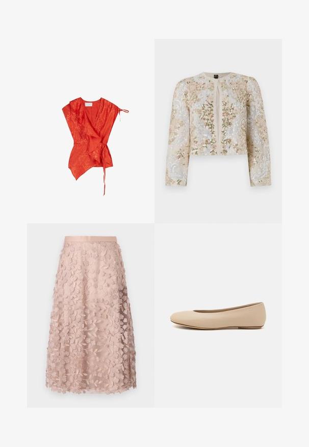 Giacca cropped ricamata in beige con motivi floreali in rosa, verde e blu. Presenta maniche lunghe e scollo rotondo.; Top avvolgente rosso con maniche corte, dettagli arricciati e chiusura con lacci in vita. Realizzato in tessuto leggero e testurizzato con un motivo sottile.; Gonna midi in pizzo rosa pallido con ricami floreali, caratterizzata da una vita aderente e un design a strati, che esalta una texture delicata.; Ballerine in pelle beige con punta arrotondata, dettagli di cucitura minimi, tacco basso e logo discreto sul retro. Texture liscia e opaca.