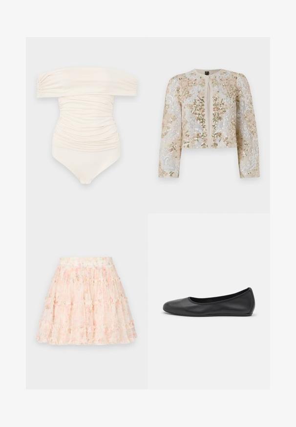 Izšūta īsā jakas stila virsjaka bēšā krāsā ar ziedu motīviem rozā, zaļā un zilā krāsā. Iespējami gari piedurknes un apaļa kakla izgriezums.; Kremlīgas krāsas peldkostīms ar atklātiem pleciem un rušotu dizainu, kuram ir gluda tekstūra un aizdare apakšā.; Needle & Thread DITSY SMOCKED MICRO MINI SKIRT - Minisvārki - moonshine pink; Melna ādas baleta kurpe ar noapaļotu purngalu, gludu tekstūru, minimālu šuvju detalizāciju un elastīgu zoles dizainu.