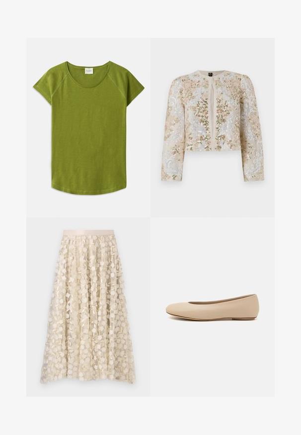 Hímesített, bézs színű, cropped dzseki rózsaszín, zöld és kék virágmotívumokkal. Hosszú ujjaival és kerek nyakkivágásával rendelkezik.; Zöld, rövid ujjú póló, puha anyagból készült. Kerek nyakkivágással és laza szabással rendelkezik. Tiszta dizájn, látható minták vagy díszítések nélkül.; Virágos hímzés egy áttetsző, krém színű szoknyán, selyem derékkal. A mintázat kis, finom virágokat és leveleket ábrázol.; Beige bőr balettcipő lekerekített orral, minimális varrás részletekkel, alacsony sarkú és diszkrét logóval a hátsó részen. Simább, matt textúrájú.
