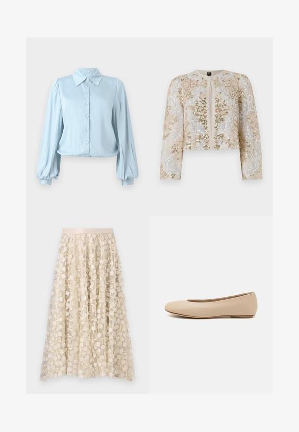 Embroidered cropped jacket in beige with floral motifs in pink, green, and blue. Features long sleeves and a round neckline.; Hofmann Copenhagen FLORA - Button-down blouse - lavender blue; Floral embroidery on a sheer, cream-colored skirt with a satin waistband. The design features small, delicate flowers and leaves.; Beige leather ballet flat with rounded toe, minimal seam detailing, low heel, and subtle logo on the back. Smooth, matte texture.