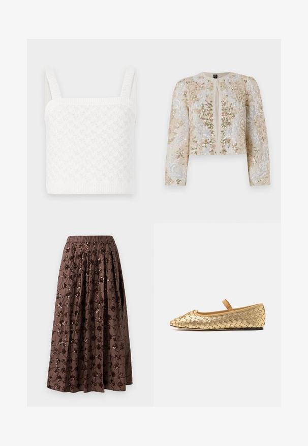 Jachetă scurtă brodată în bej, cu motive florale în roz, verde și albastru. Are mâneci lungi și decolteu rotund.; Top scurt tricotat alb cu decolteu pătrat, având modele texturate și bretele late cu nervuri. Material moale cu o strălucire subtilă.; Fustă midi maro cu talie elastică, prezentând embellishments florale din paiete, design pliat și o textură de material fin.; Loeffler Randall LEONIE SOFT BALLET FLAT - Balerini cu barete - gold