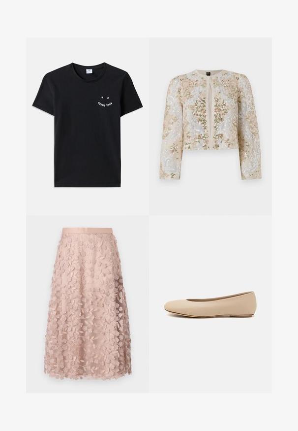 Broderet cropped jakke i beige med blomstermotiv i pink, grøn og blå. Har lange ærmer og rund halsudskæring.; Sort bomulds T-shirt med rundt halsudskæring og korte ærmer. Har hvid grafisk tekst i et buet design på fronten. Minimalistisk stil.; Blonder midi-nederdel i blød pink med blomstermotiver, der har en tætsiddende linning og lagdelt design, hvilket fremhæver en delikat struktur.; Beige læder balletflade med afrundet tå, minimal sømdetaljering, lav hæl og subtilt logo på bagsiden. Glat, mat tekstur.