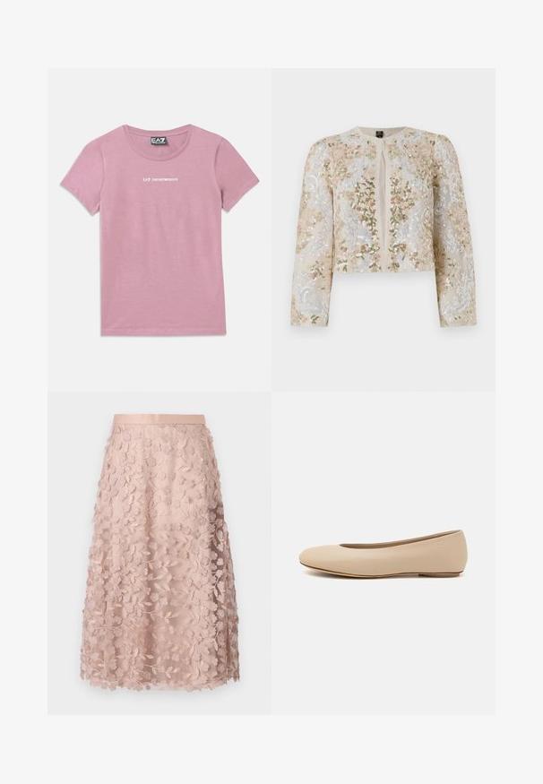 Vyšívaná zkrácená bunda v béžové barvě s květinovými motivy v růžové, zelené a modré. Má dlouhé rukávy a kulatý výstřih.; Růžové tričko s krátkým rukávem, kulatým výstřihem a bílým logem "EA7 Emporio Armani" umístěným na hrudi a štítku na krku.; Krajková midi sukně v jemně růžové barvě s květinovou výšivkou, která má přiléhavý pas a vrstvený design, zdůrazňující jemnou strukturu.; Béžové kožené baletní byty s kulatou špičkou, minimálním prošíváním, nízkým podpatkem a decentním logem na zadní straně. Hladký, matný povrch.