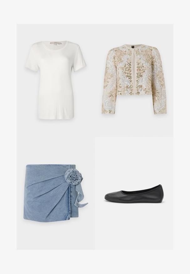 Embroidered cropped jacket in beige with floral motifs in pink, green, and blue. Features long sleeves and a round neckline.; White short-sleeve t-shirt made of soft, stretchy cotton. Features a round neckline and a smooth, plain texture with no visible patterns.; Denim wrap featuring a light blue hue, intricate pleating, and a decorative flower accent with a trailing ribbon. Soft texture and casual design.; Black leather ballet flat with a rounded toe, smooth texture, minimal stitching detail, and a flexible sole design.