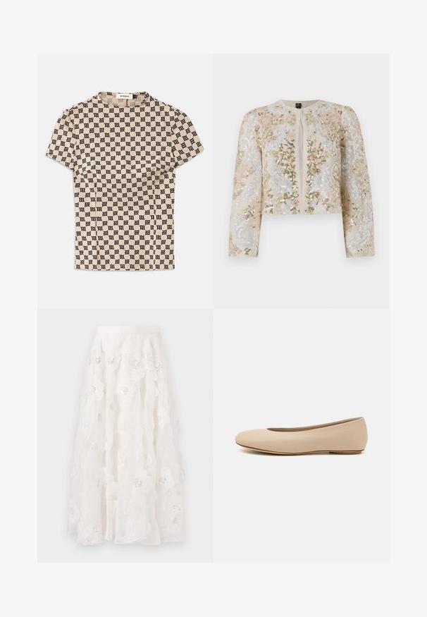 Jachetă scurtă brodată în bej, cu motive florale în roz, verde și albastru. Are mâneci lungi și decolteu rotund.; Cămașă bej cu mânecă scurtă, cu un model gotic alb-negru de tip "M" pe toată suprafața și guler rotund, etichetată MISBHV.; Fustă albă, până la genunchi, cu broderie florală și paiete argintii. Material ușor, fluid, cu straturi volan și talie ajustată.; Balerini din piele bej, cu vârful rotund, detalii de cusătură minime, toc mic și un logo subtil pe partea din spate. Textură netedă, mată.