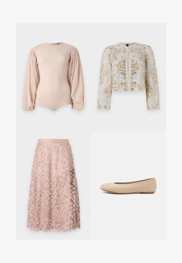 Beige värviga tikandiga lühike jak, millel on roosa, rohelise ja sinise lillemustrid. Omab pikki varrukaid ja ümmargust kaelust.; Nahat pikkade varrukatega bodi pundunud varrukatega ja ümarate kaelustega. Valmistatud pehmest ja venivast kangast, millel on sile tekstuur.; Soe roosa pitsist midi-seelik, millel on lilleline tikand, sobitatud vöökoht ja kihiline disain, rõhutades õrna tekstuuri.; Beeži nahk balletitossud ümarate varvastega, minimaalse õmbluse detailiga, madala kanna ja diskreetse logoga taga. Sile, mati tekstuur.