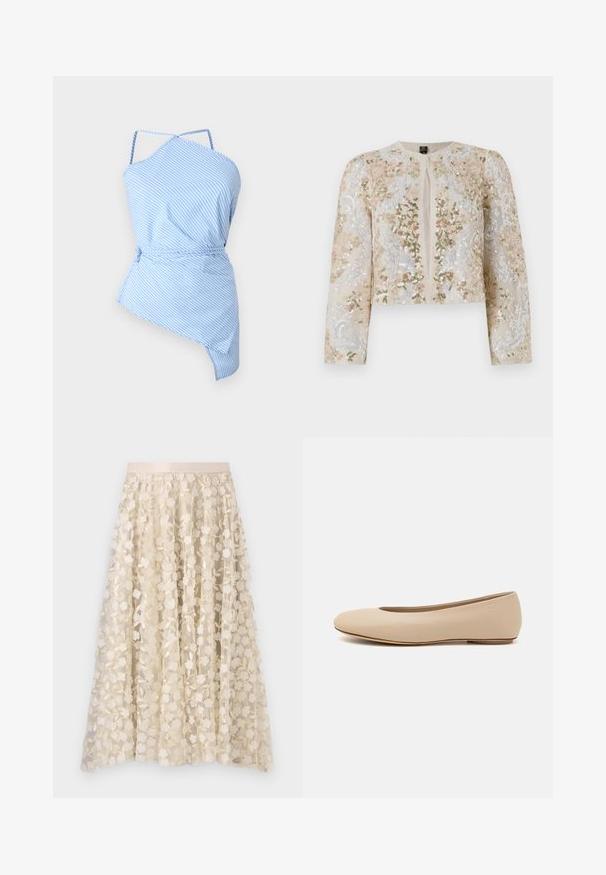 Giacca cropped ricamata in beige con motivi floreali in rosa, verde e blu. Presenta maniche lunghe e scollo rotondo.; Top a righe blu e bianche con taglio asimmetrico, spalline sottili e vita regolabile con coulisse. Tessuto leggero con texture liscia.; Ricamo floreale su una gonna trasparente color crema con una vita in satin. Il design presenta piccoli e delicati fiori e foglie.; Ballerine in pelle beige con punta arrotondata, dettagli di cucitura minimi, tacco basso e logo discreto sul retro. Texture liscia e opaca.