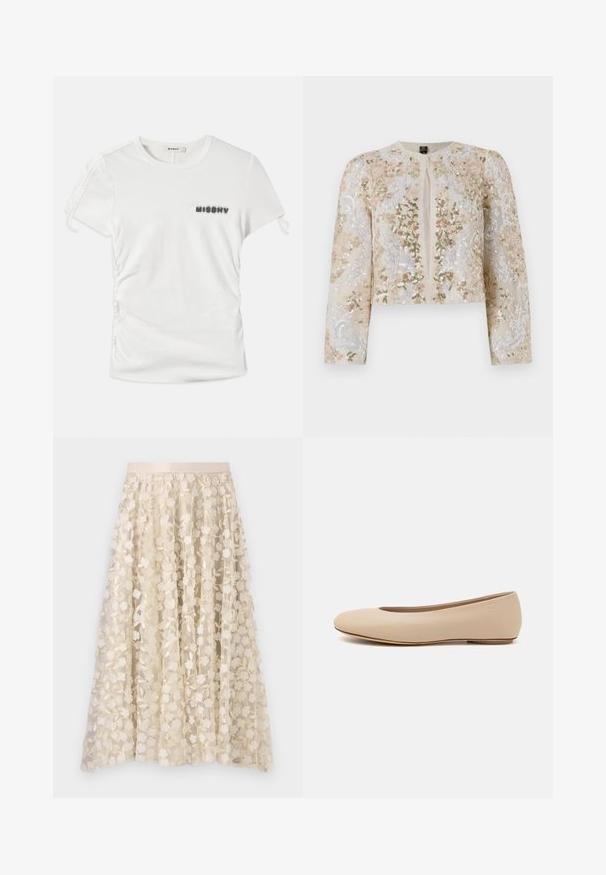 Jachetă scurtă brodată în bej, cu motive florale în roz, verde și albastru. Are mâneci lungi și decolteu rotund.; Tricou alb cu mâneci scurte, cu pliuri laterale și inscripția "MISBHV" imprimată cu litere negre estompate pe pieptul stâng.; Broderie florală pe o fustă transparentă, de culoare crem, cu un brâu de satin. Designul include flori mici și delicate, precum și frunze.; Balerini din piele bej, cu vârful rotund, detalii de cusătură minime, toc mic și un logo subtil pe partea din spate. Textură netedă, mată.