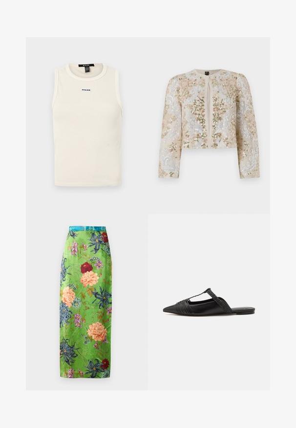 Embroidered cropped jacket in beige with floral motifs in pink, green, and blue. Features long sleeves and a round neckline.; Light beige ribbed tank top with a rounded neckline and sleeveless design. Features a small blue logo on the front.; Floral midi skirt in green satin, featuring colorful blooms in pink, blue, and red. Finished with a teal waistband and intricate patterns.; Black leather slingback shoe with a pointed toe, featuring a woven accent and pleated upper design. Flat sole with minimal hardware.