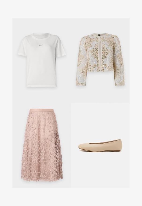 Beige värviga tikandiga lühike jak, millel on roosa, rohelise ja sinise lillemustrid. Omab pikki varrukaid ja ümmargust kaelust.; Valge puuvillane t-särk lühikeste varrukatega, millel on rindkeres väike must tiivuline disain ja klassikaline ümar kaelus.; Soe roosa pitsist midi-seelik, millel on lilleline tikand, sobitatud vöökoht ja kihiline disain, rõhutades õrna tekstuuri.; Beeži nahk balletitossud ümarate varvastega, minimaalse õmbluse detailiga, madala kanna ja diskreetse logoga taga. Sile, mati tekstuur.
