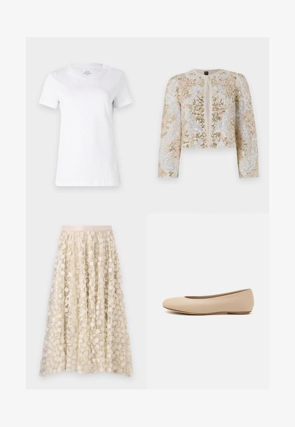 Beige siuvinėtas trumpas švarkas su rožinėmis, žaliomis ir mėlynomis gėlėmis. Turi ilgas rankoves ir apvalų iškirpimą.; Balta medvilnės marškinėliai su trumpomis rankovėmis ir apvaliu iškirpimu. Pirmoje pusėje yra subtilus išsiuvinėjimas su logotipu.; Gėlių siuvinėjimas ant permatomos, kreminės spalvos sijono su satino juosta. Dizainas apima mažas, elegantiškas gėles ir lapus.; Šviesiai ruda odinė baleto bateliai su apvaliu galiuku, minimaliais siūlių detalėmis, žemu kulnu ir subtiliu logotipu gale. Lygi, matinė tekstūra.