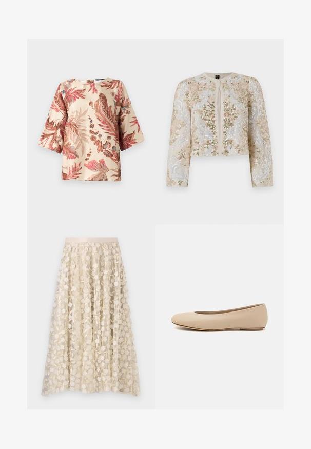 Jachetă scurtă brodată în bej, cu motive florale în roz, verde și albastru. Are mâneci lungi și decolteu rotund.; Bluză cu model floral în bej deschis, având desene cu frunze roz și maronii, mâneci scurte și un decolteu rotund cu închidere la spate.; Broderie florală pe o fustă transparentă, de culoare crem, cu un brâu de satin. Designul include flori mici și delicate, precum și frunze.; Balerini din piele bej, cu vârful rotund, detalii de cusătură minime, toc mic și un logo subtil pe partea din spate. Textură netedă, mată.
