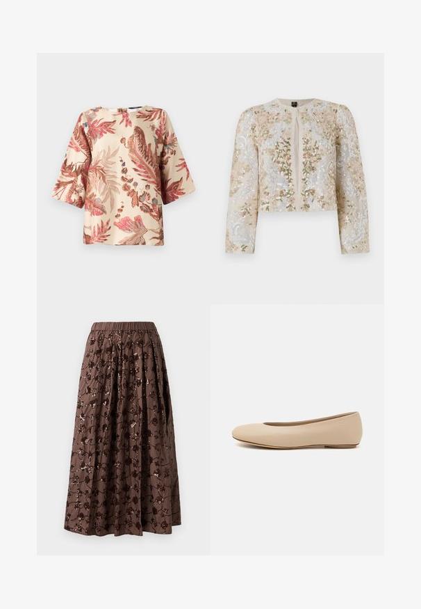 Hímesített, bézs színű, cropped dzseki rózsaszín, zöld és kék virágmotívumokkal. Hosszú ujjaival és kerek nyakkivágásával rendelkezik.; Világos bézs színű, virágmintás blúz, rózsaszín és barna levélmintákkal, rövid ujjakkal és hátsó záródással ellátott kerek nyakkal.; Barna midi szoknya elasztikus derékrésszel, virágos flitteres díszítéssel, pliszírozott kialakítással és sima szövet textúrával.; Beige bőr balettcipő lekerekített orral, minimális varrás részletekkel, alacsony sarkú és diszkrét logóval a hátsó részen. Simább, matt textúrájú.