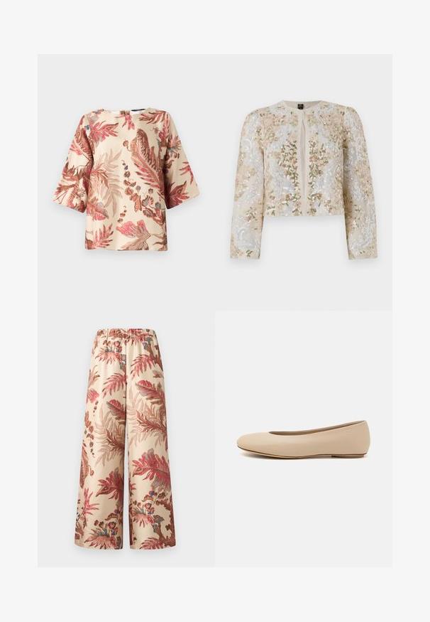 Beige värviga tikandiga lühike jak, millel on roosa, rohelise ja sinise lillemustrid. Omab pikki varrukaid ja ümmargust kaelust.; Kergelt beežil põhinev lillemustriga pluus, roosa ja pruuni lehemustriga, lühikeste varrukatega ja ümarate kraeaukudega, taga sulgemisega.; Laiad sääred beebilises kangas, mis on kaunistatud roosa, punase ja sinise lillemustriga ning millel on elastne vöökoht.; Beeži nahk balletitossud ümarate varvastega, minimaalse õmbluse detailiga, madala kanna ja diskreetse logoga taga. Sile, mati tekstuur.