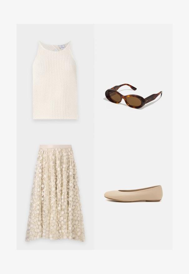 Beige geborduurd cropped jack met florale motieven in roze, groen en blauw. Heeft lange mouwen en een ronde halslijn.; Witte mesh tanktop met een ronde halslijn en een sleutelgaten-detail aan de achterkant. Gelaagd stof met een losse pasvorm.; Bloemrijke borduursels op een doorschijnende, crèmekleurige rok met een satijnen tailleband. Het ontwerp bevat kleine, delicate bloemen en bladeren.; Beige leren ballerina met een ronde neus, minimale naaidetailing, lage hak en subtiel logo op de achterkant. Gladde, matte textuur.; Schildpad zonnebril met ovale lenzen, bruine tint en gouden accenten op de armen. Dikke monturen met een glanzende afwerking en een gladde textuur.
