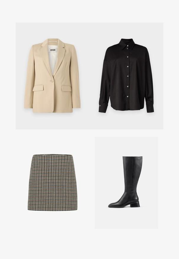 Blazer bej cu rever ascuțite, închidere cu un singur nasture, două buzunare frontale și o textură netedă. Eticheta vizibilă în interior citește "DRYKORN."; DRYKORN LYSILA - Cămașă - black; Fustă mini în carouri, cu nuanțe de negru, marron și crem. Formă structurată cu talie înaltă. Textură de țesătură moale, cu un model de rețea uniform.; Cizmă din piele neagră până la genunchi, cu vârf rotund și toc mic, pătrat. Are o textură netedă și detalii minime de cusătură.