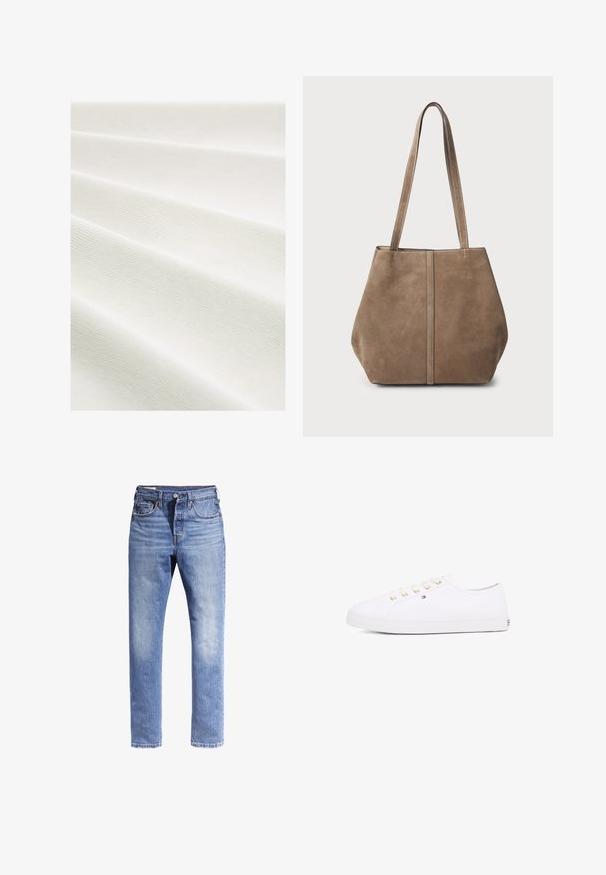 Beige kurz geschnittene Jacke aus strukturiertem Stoff mit rundem Ausschnitt, sechs goldfarbenen Knöpfen und zwei vorderen Taschen mit Knopfklappen.; Weißer Stoff mit einer strukturierten, gerippten Oberfläche, die in Falten angeordnet ist und subtile Variationen in Farbe und Muster zeigt.; Weißes Baumwoll-T-Shirt mit kurzen Ärmeln und rundem Ausschnitt. Hat eine lockere Passform und ein minimales Design ohne Muster oder Akzente.; Hellblaue Denim-Jeans mit geradem Bein, fünf Taschen und kontrastierenden Nähten. Der Stoff sieht leicht abgerieben aus.; Weißes Leinensneaker mit goldenen Ösen, flachen Schnürsenkeln, strukturiertem Gummisohle und minimalem Branding an der Seite. Niedriges Profil.; Braune Wildleder-Tote-Tasche mit zwei langen Griffen, vertikalen Nahtdetails an der Vorderseite und einer weichen Textur. Geräumiges Design, das sich für den täglichen Gebrauch eignet.