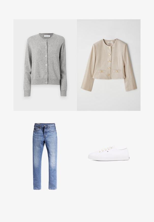 Beige cropped jas van gestructureerde stof, met een ronde halslijn, zes gouden knopen en twee voorzakken met knoopflappen.; Grijze cardigan van zacht breimateriaal, met een ronde halslijn, lange mouwen en knoopsluiten aan de voorkant. Eenvoudig ontwerp.; Witte button-up shirt met een zak aan de linkerkant van de borst, voorzien van een subtiel geborduurd logo in bijpassend witte draad. Glad, lichtgewicht stof.; Lichtblauwe denim jeans met een rechte pasvorm, vijf zakken en contrasterende stiksels. De stof lijkt licht vervaagd.; Witte canvas sneaker met gouden veterogen, platte veters, gestructureerde rubberen zool en minimalistische branding aan de zijkant. Laagprofiel ontwerp.