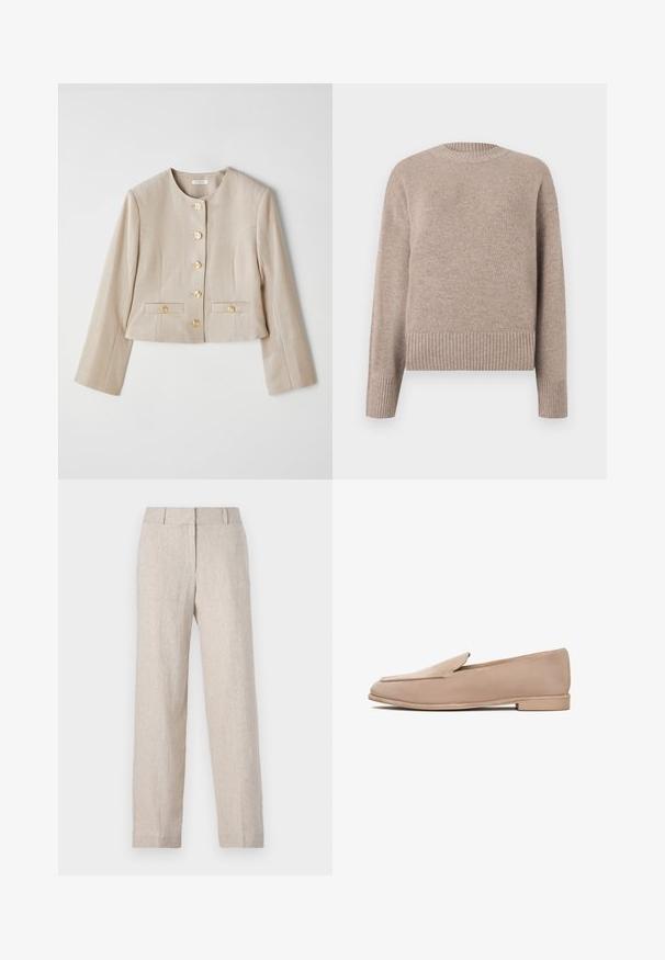 Beige cropped jakke lavet af struktureret stof, med rund halsudskæring, seks guldknapper og to frontlommer med knapflapper.; Beige strikket sweater med rund hals, ribbede manchetter og kant. Blød tekstur og afslappet pasform, velegnet til afslappet brug.; Beige linnedragter med lige ben, høj talje og subtil tekstur. Ingen synlige lommer eller pynt.; Beige ruskind loafers med flad sål, en diskret spids tå og minimal syning langs kanterne. Glat tekstur hele vejen rundt.