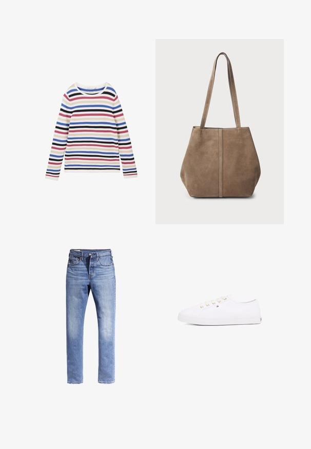 Beige kurz geschnittene Jacke aus strukturiertem Stoff mit rundem Ausschnitt, sechs goldfarbenen Knöpfen und zwei vorderen Taschen mit Knopfklappen.; Gestreiftes Langarmoberteil aus Rippstoff mit horizontalen Streifen in Weiß, Rosa, Blau, Schwarz und Lila sowie einem runden Ausschnitt.; Hellblaue Denim-Jeans mit geradem Bein, fünf Taschen und kontrastierenden Nähten. Der Stoff sieht leicht abgerieben aus.; Weißes Leinensneaker mit goldenen Ösen, flachen Schnürsenkeln, strukturiertem Gummisohle und minimalem Branding an der Seite. Niedriges Profil.; Braune Wildleder-Tote-Tasche mit zwei langen Griffen, vertikalen Nahtdetails an der Vorderseite und einer weichen Textur. Geräumiges Design, das sich für den täglichen Gebrauch eignet.
