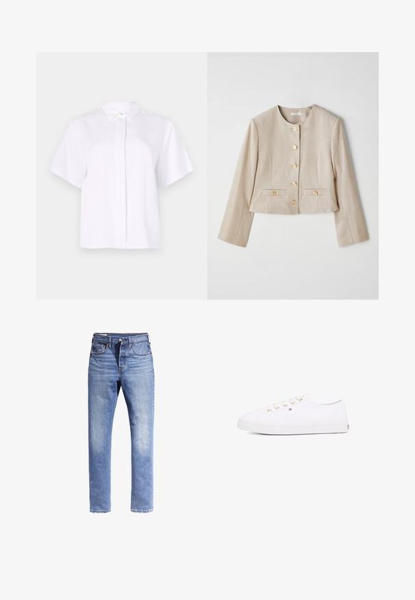 Vaaleanbeige lyhyt takki, joka on valmistettu teksturoidusta kankaasta. Takissa on pyöreä kaula-aukko, kuusi kultahippua ja kaksi etutaskua napin läpillä.; Lyhythihainen valkoinen paita, joka on valmistettu sileästä kankaasta. Paidassa on terävä kaulus ja nappilista, jossa on vihreä korostusnappi.; Vaaleansiniset farkut, joissa on suora lahje, viisi taskua ja kontrastivärinen ompelu. Kangas näyttää hieman kuluneelta.; Valkoinen kanvaakenkä, jossa on kultaiset nauhakkeet, litteät nauhat, teksturoitu kumipohja ja minimoitu brändäys sivussa. Matala profiilinen muotoilu.