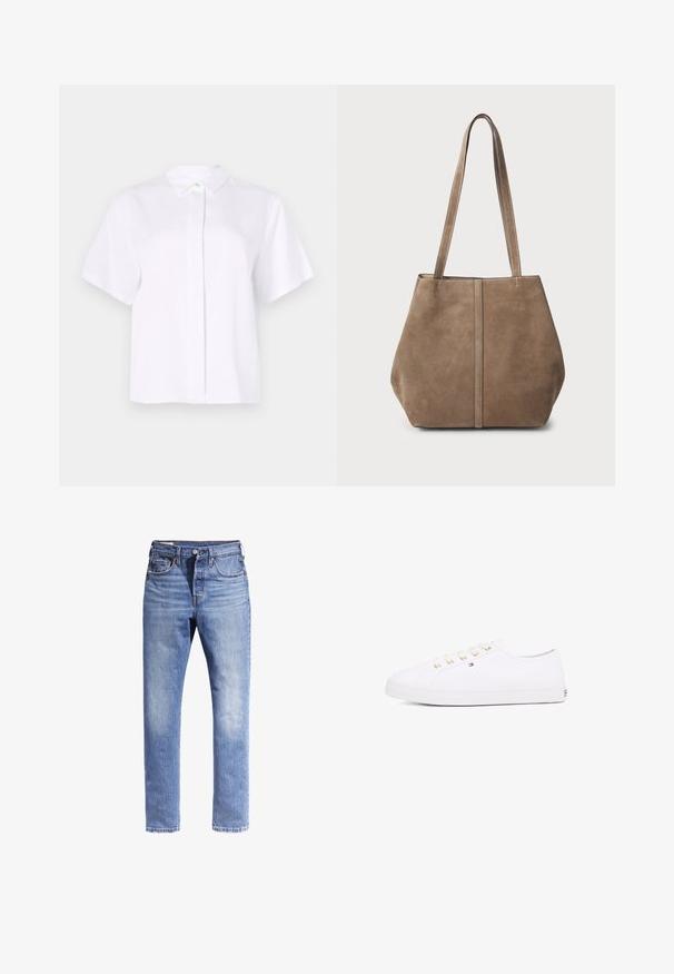 Beige cropped jacket made of textured fabric, featuring a round neckline, six gold buttons, and two front pockets with button flaps.; Short-sleeved white shirt made from smooth fabric, featuring a pointed collar and a button placket with a green accent button.; Light blue denim jeans featuring a straight leg design, five pockets, and contrast stitching. The fabric appears slightly distressed.; White canvas sneaker with gold eyelets, flat laces, textured rubber sole, and minimal branding on the side. Low-profile design.; Brown suede tote bag with two long handles, vertical seam detail on the front, and a soft texture. Spacious design suitable for everyday use.