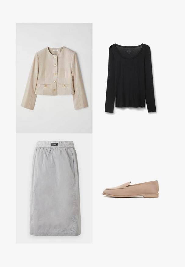 Beige zkrácená bunda vyrobená z texturované látky, s kulatým výstřihem, šesti zlatými knoflíky a dvěma předními kapsami s klopami na knoflíky.; Černé dlouhé tričko s dlouhým rukávem vyrobené z měkkého materiálu. Má široký kulatý výstřih a volný střih se rovnými lemy. Žádné viditelné vzory nebo akcenty.; Šedá sukně ke kolenům vyrobená z lehkého materiálu, s elastickým páskem a bočními kapsami. Na pásku je značka "LPS".; Béžové semišové mokasíny s plochou podrážkou, jemně špičatou špičkou a minimálním šitím podél okrajů. Celkově hladká textura.