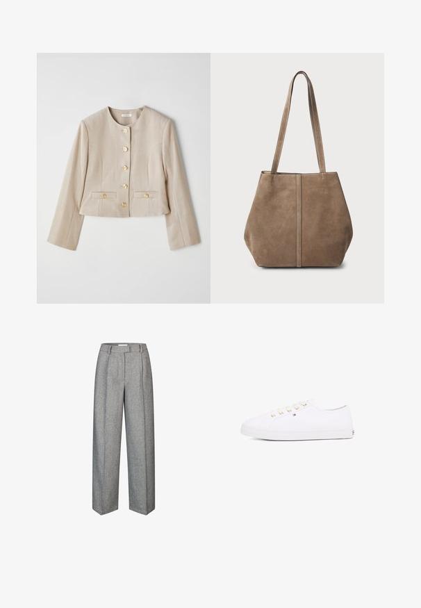 Chaqueta corta beige hecha de tela texturizada, con un cuello redondo, seis botones dorados y dos bolsillos frontales con solapas abotonadas.; Camiseta negra de manga larga hecha de tela suave. Presenta un escote redondo ancho y un ajuste holgado con dobladillo recto. Sin patrones o acentos visibles.; Pantalones de lana gris con un diseño de pierna ancha, que presentan pliegues, una cintura alta y una tela texturada. Ajuste entallado con un acabado suave.; Zapatillas de lona blancas con ojales dorados, cordones planos, suela de goma texturizada y un branding mínimo en el lateral. Diseño de perfil bajo.; Bolso tote de ante marrón con dos asas largas, detalle de costura vertical en la parte delantera y una textura suave. Diseño espacioso adecuado para el uso diario.
