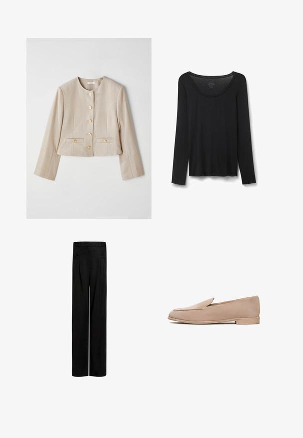Beige cropped jacket made of textured fabric, featuring a round neckline, six gold buttons, and two front pockets with button flaps.; Black long-sleeve T-shirt made of soft fabric. Features a wide round neckline and a loose fit with straight hem. No visible patterns or accents.; Black wide-leg pants made of smooth fabric, featuring a high waist, dual side pockets, and pleated detailing at the front for structure.; Beige suede loafers with a low heel, almond-shaped toe, and stitched detailing along the edges. Smooth texture and minimalist design.