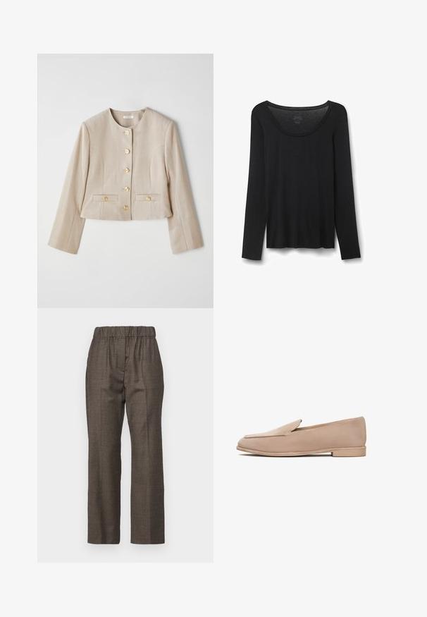 Beige kurz geschnittene Jacke aus strukturiertem Stoff mit rundem Ausschnitt, sechs goldfarbenen Knöpfen und zwei vorderen Taschen mit Knopfklappen.; Schwarzes Langarm-T-Shirt aus weichem Stoff. Hat einen weiten runden Halsausschnitt und einen lockeren Schnitt mit geradem Saum. Keine sichtbaren Muster oder Akzente.; WEEKEND MaxMara HATELEY - Stoffhose - marrone scuro; Beige Wildleder Slipper mit niedrigem Absatz, mandelförmiger Zehenpartie und gestickten Details entlang der Ränder. Glatte Textur und minimalistisches Design.