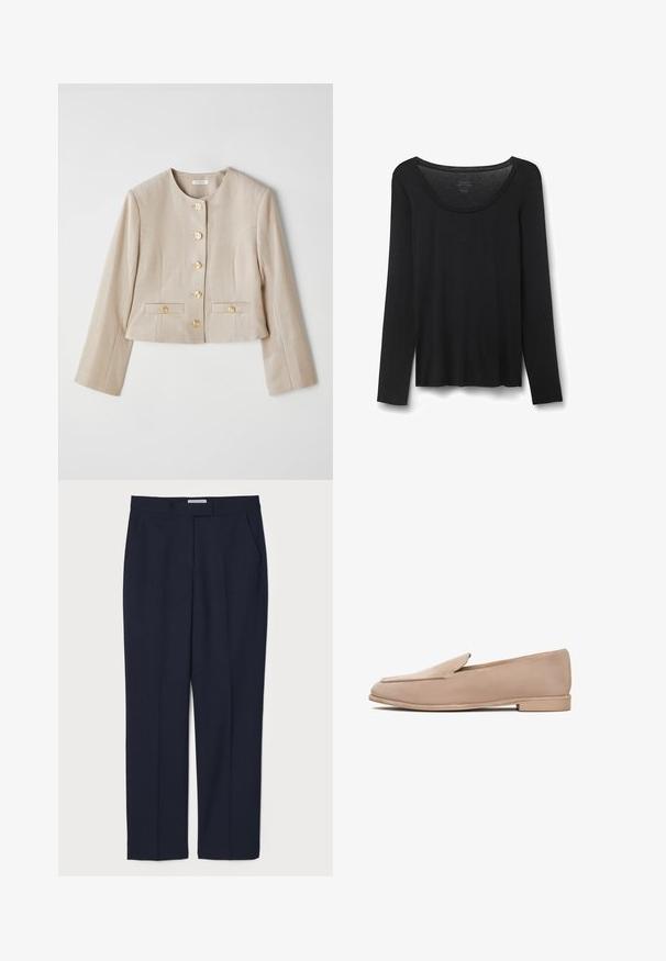 Beżowa krótka kurtka wykonana z teksturowanej tkaniny, z okrągłym dekoltem, sześcioma złotymi guzikami oraz dwiema przednimi kieszeniami z klapami na guziki.; Czarna koszulka z długim rękawem, wykonana z miękkiego materiału. Posiada szeroki okrągły dekolt oraz luźny krój ze prostym dołem. Brak widocznych wzorów lub akcentów.; Granatowe, dopasowane spodnie wykonane z gładkiego materiału, z płaskim przodem, bocznymi kieszeniami i usztywnionym pasem.; Beżowe zamszowe mokasyny z niskim obcasem, o migdałowym kształcie palców i przeszyciami wzdłuż krawędzi. Gładka faktura i minimalistyczny design.