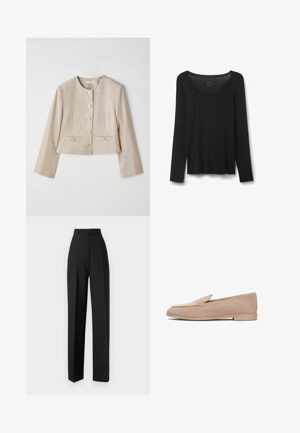Beige cropped jas van gestructureerde stof, met een ronde halslijn, zes gouden knopen en twee voorzakken met knoopflappen.; Zwarte lang-sleeve T-shirt van zachte stof. Heeft een brede ronde halslijn en een losse pasvorm met rechte zoom. Geen zichtbare patronen of accenten.; Zwarte high-waisted broeken met plooien, met een getailleerd ontwerp en rechte pijpen. Gemaakt van een soepele stof, minimale details.; Beige suède instappers met een lage hak, amandelvormige neus en gestikte details langs de randen. Gladde textuur en minimalistisch ontwerp.