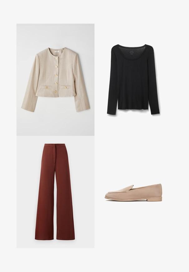 Beige cropped jas van gestructureerde stof, met een ronde halslijn, zes gouden knopen en twee voorzakken met knoopflappen.; Zwarte lang-sleeve T-shirt van zachte stof. Heeft een brede ronde halslijn en een losse pasvorm met rechte zoom. Geen zichtbare patronen of accenten.; Hoge taille broek met wijde pijpen in donkerrood stof, voorzien van een knoopsluiting en een strikdetail aan de voorkant. Mals textuur met een vloeiende silhouet.; Beige suède instappers met een lage hak, amandelvormige neus en gestikte details langs de randen. Gladde textuur en minimalistisch ontwerp.