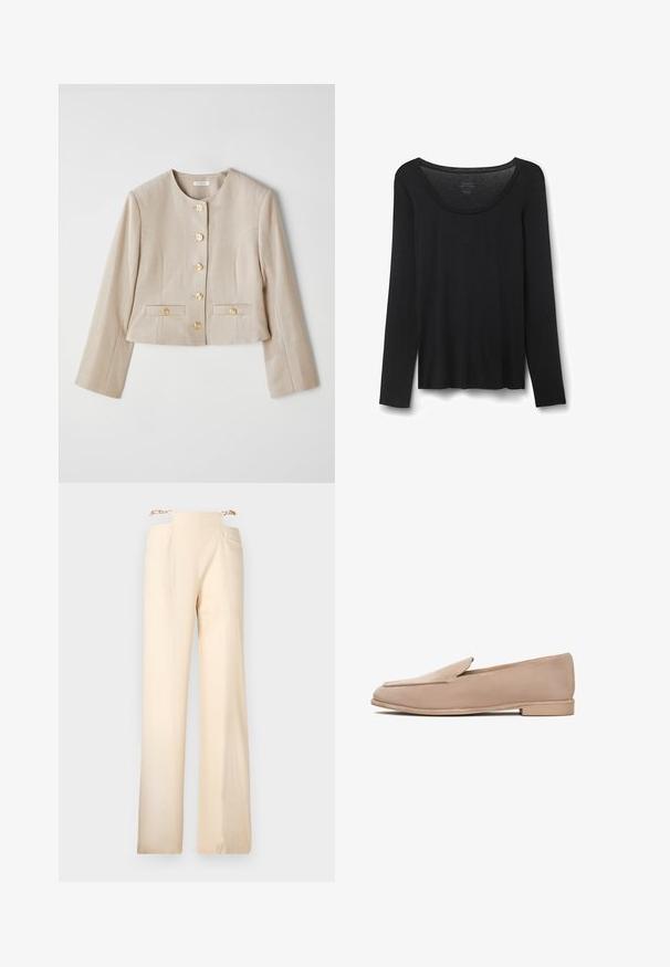 Beige cropped jakke lavet af struktureret stof, med rund halsudskæring, seks guldknapper og to frontlommer med knapflapper.; Sort langærmet T-shirt lavet af blød stof. Har en bred rund halsudskæring og en løs pasform med lige kant. Ingen synlige mønstre eller detaljer.; Bredde benbukser i cremefarvet stof med en glat tekstur, der har høj talje og guld kæde detaljer ved taljen.; Beige ruskinds mokkasiner med lav hæl, mandelformet tå og syet detaljering langs kanterne. Glat tekstur og minimalistisk design.