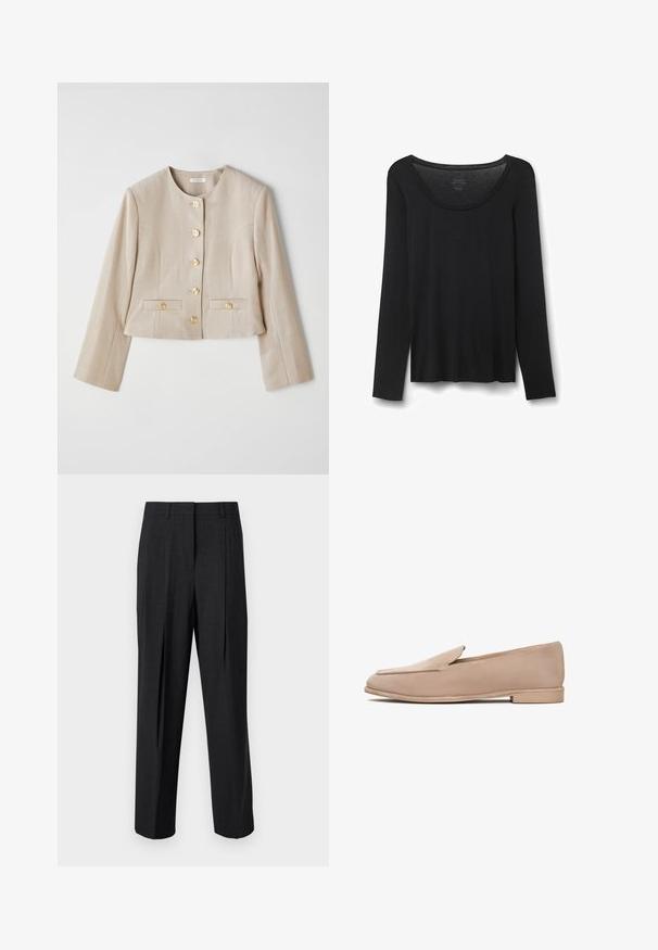 Beige cropped jakke lavet af struktureret stof, med rund halsudskæring, seks guldknapper og to frontlommer med knapflapper.; Sort langærmet T-shirt lavet af blød stof. Har en bred rund halsudskæring og en løs pasform med lige kant. Ingen synlige mønstre eller detaljer.; Mørkegrå skræddersyede bukser med lige ben, udstyret med to forpliser, bæltestropper og en glat stofoverflade.; Beige ruskinds mokkasiner med lav hæl, mandelformet tå og syet detaljering langs kanterne. Glat tekstur og minimalistisk design.