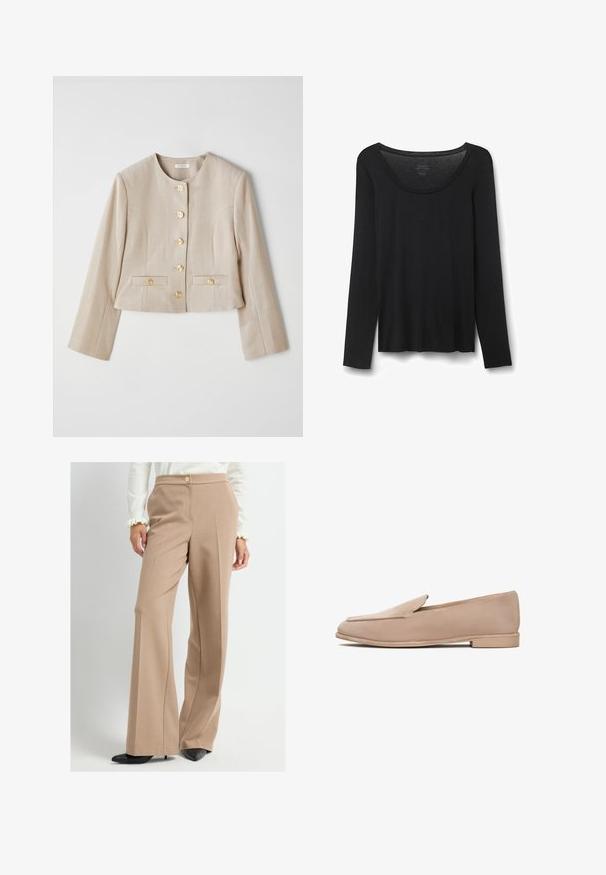 Veste beige courte en tissu texturé, avec un col rond, six boutons dorés et deux poches avant avec rabats à bouton.; T-shirt noir à manches longues en tissu doux. Présente un col rond large et une coupe ample avec un ourlet droit. Pas de motifs ni d'accents visibles.; Pantalons beige à jambe large avec taille haute et détails de boutons, portés avec des escarpins noirs à bout pointu et une blouse blanche à manches à volants.; Mocassins en daim beige à semelle plate, avec un bout légèrement pointu et des détails de couture minimalistes le long des bords. Texture lisse sur toute la surface.