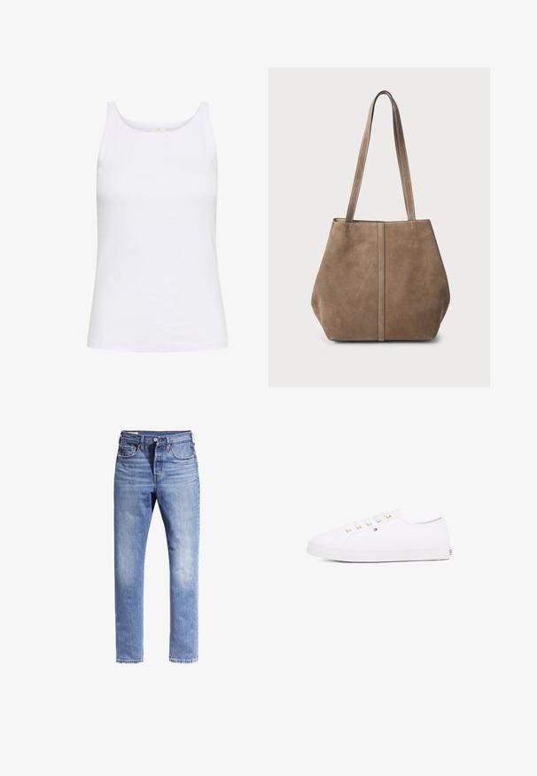 Beige cropped jacket made of textured fabric, featuring a round neckline, six gold buttons, and two front pockets with button flaps.; White tank top made of cotton. Features a round neckline and slim shoulder straps. Smooth texture with a fitted silhouette.; Light blue denim jeans featuring a straight leg design, five pockets, and contrast stitching. The fabric appears slightly distressed.; White canvas sneaker with gold eyelets, flat laces, textured rubber sole, and minimal branding on the side. Low-profile design.; Brown suede tote bag with two long handles, vertical seam detail on the front, and a soft texture. Spacious design suitable for everyday use.