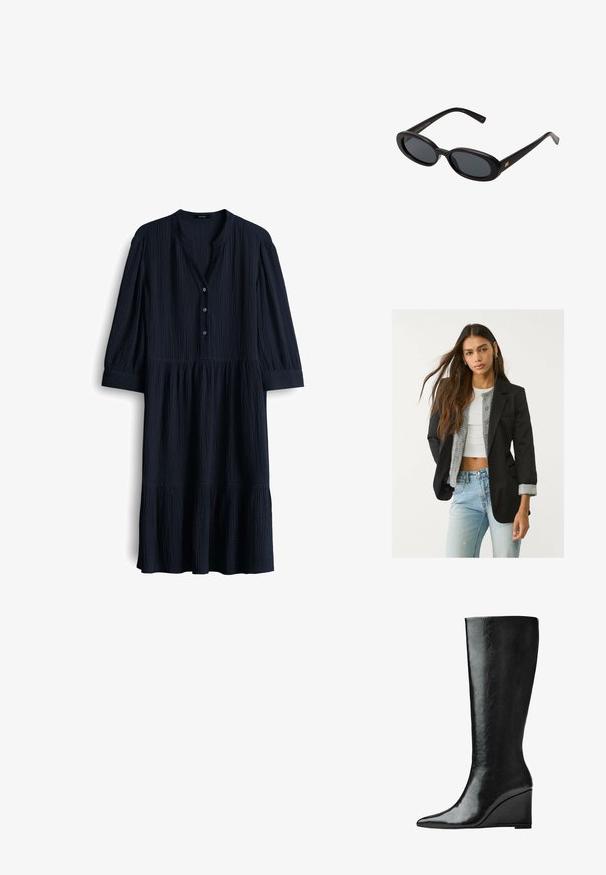 Blazer noir avec un design soigné, fermeture à un bouton et deux poches avant ; associé à un cardigan en tricot gris et un jean bleu clair.; Robe en coton texturé bleu marine avec décolleté en V, trois boutons et manches trois-quarts. Ourlet évasé avec des accents froncés.; Bottes en cuir noires jusqu'aux genoux avec un bout pointu et un talon compensé. La surface est lisse avec une finition brillante.; Lunettes de soleil noires surdimensionnées avec des verres ovoïdes, monture en plastique lisse et accents dorés sur les tempes. Les verres sombres offrent une protection contre le soleil.