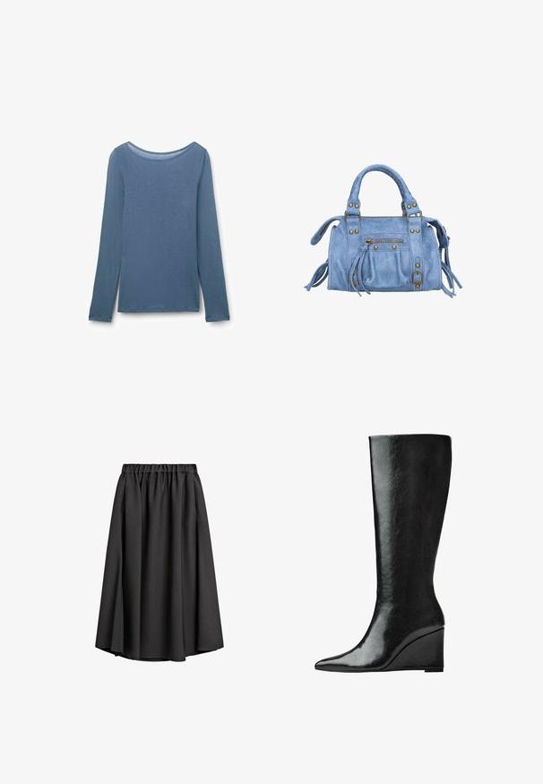 Zwarte blazer met een getailleerd ontwerp, enkele knoopsluiting en twee voorkanten zakken; gecombineerd met een grijze gebreide cardigan en lichtblauwe jeans.; Langsleeve shirt van zachte, lichtblauwe stof. Heeft een brede ronde halslijn en een rechte snit met zijsplitten. Soepele textuur.; Zwarte midi rok van lichtgewicht, vloeiende stof met een elastische tailleband en een lichte A-lijn silhoutte. Geen zichtbare patronen of accenten.; Kniehoge zwarte leren laarzen met een slanke, puntige neus en een wiggle heel. Het oppervlak is glad met een glanzende afwerking.; Lichtblauw neplederen handtas met een gestructureerde vorm, gouden hardware accenten, een ritsvak en decoratieve franjes aan de zijkanten.