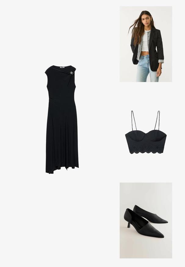 Crni sako s krojem po mjeri, s jednim dugmetom i dva prednja džepa; uparen s sivim pletenim kardiganom i svijetloplavim trapericama.; Crni skraćeni bustier top s podesivim trakama, koji sadrži čipkastu obrubu s valovima i izrezane detalje duž donjeg ruba.; Crna haljina od glatkog materijala, s jednim ramenom, drapiranom suknjom i dekorativnom srebrnom brošem na ramenu.; Crne kožne cipele na visokom potpeticu s izduženim vrhom, minimalističkog dizajna i kratkom, četvrtastom potpeticom. Glatka tekstura i elegantna silueta.