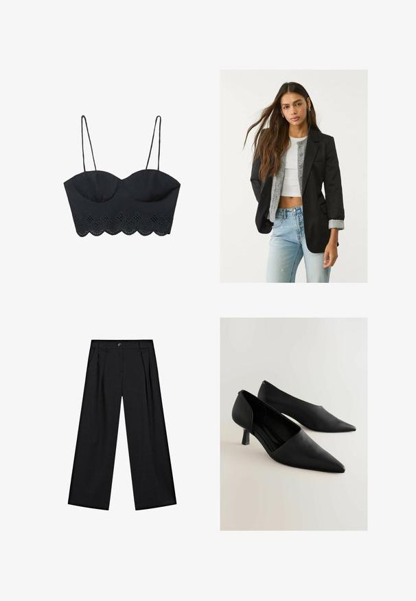 Blazer nero con design sartoriale, chiusura a un bottone e due tasche frontali; abbinato a un cardigan grigio a maglia e jeans azzurri chiari.; Top bustier nero a taglio corto con spalline regolabili, caratterizzato da un bordino in pizzo ondulato e dettagli con ritagli lungo il bordo inferiore.; Pantaloni neri a gamba larga realizzati in tessuto morbido, con pieghe frontali, tasche laterali e chiusura con bottone in vita.; Scarpe alte in pelle nera con punta affusolata, caratterizzate da un design minimalista e un tacco corto e quadrato. Texture liscia e silhouette elegante.