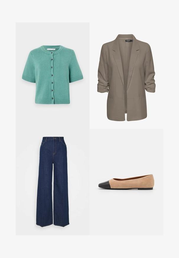 Beige, lockere Blazer aus glattem Stoff, mit umgeschlagenen Ärmeln, zwei seitlichen Taschen und einemreversierten Kragen.; Kurzärmelige Strickjacke in Teal, aus strukturiertem Strickstoff gefertigt. Verfügt über einen runden Halsausschnitt, eine Knopfverschluss und gerippte Säume und Ärmel.; Drei langärmelige Oberteile gestapelt: schwarz, grau und weiß. Jedes hat einen runden Halsausschnitt und ein kurzes Design aus glattem, leichtem Stoff.; Hochtaillierte, weit geschnittene, dunkelblaue Jeans aus Denim mit Front- und Gesäßtaschen, Knopfverschluss und sichtbaren Nähdetails.; Beige Wildleder Ballerina mit einer runden Zehenkappe aus schwarzem Leder, niedrigem Absatz und glatter Textur, mit minimaler Nahtverarbeitung und klarem Design.