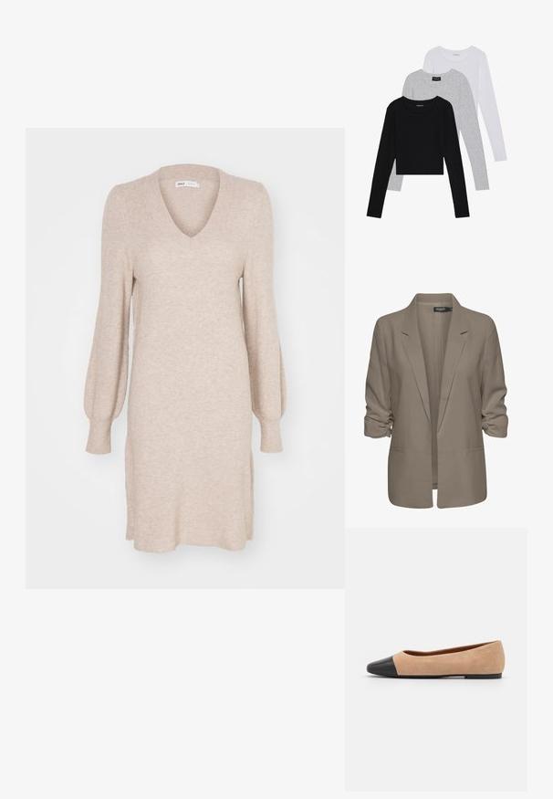 Blazer beige dal taglio morbido, realizzato in tessuto liscio, con maniche arrotolate, due tasche laterali e design con revers a punta.; Vestito beige lavorato a maglia con scollo a V, maniche lunghe a sbuffo e texture a coste. Presenta spacchi laterali per un dettaglio e un comfort aggiuntivi.; Tre magliette a maniche lunghe impilate: nera, grigia e bianca. Ognuna ha un colletto rotondo e un design accorciato con tessuto morbido e leggero.; Ballerine in suede beige con punta tonda in pelle nera, tacco basso e texture liscia, caratterizzate da cuciture minime e un design pulito.