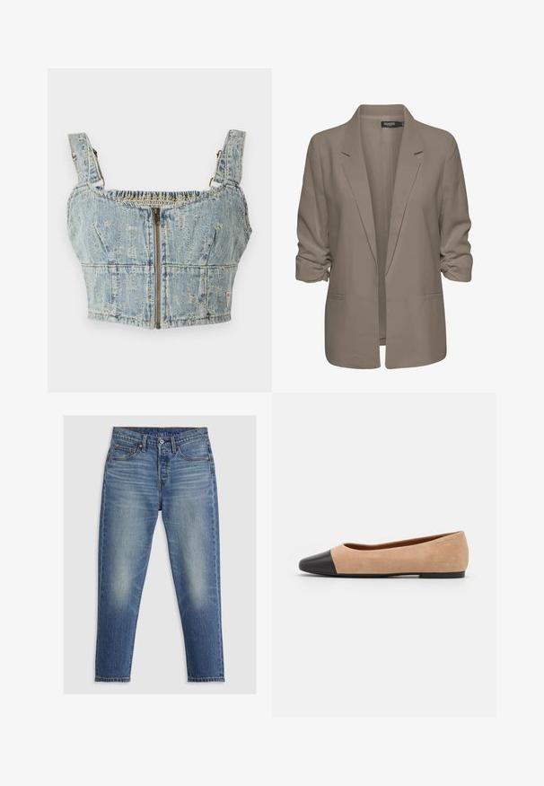 Blazer beige de corte holgado, hecho de tela suave, presenta mangas enrolladas, dos bolsillos laterales y un diseño de solapa muesca.; Top corto de mezclilla con un lavado azul claro, presenta cierre de cremallera, espalda fruncida y tirantes anchos. Los detalles incluyen costuras y un ligero desgastado.; Jeans de mezclilla azul claro con corte recto, cinco bolsillos, cremallera de botones y un ligero desgaste en los muslos. Costuras en contraste visibles.; Bailarina de ante beige con una puntera redondeada de cuero negro, tacón bajo y textura suave, que presenta costuras mínimas y un diseño limpio.