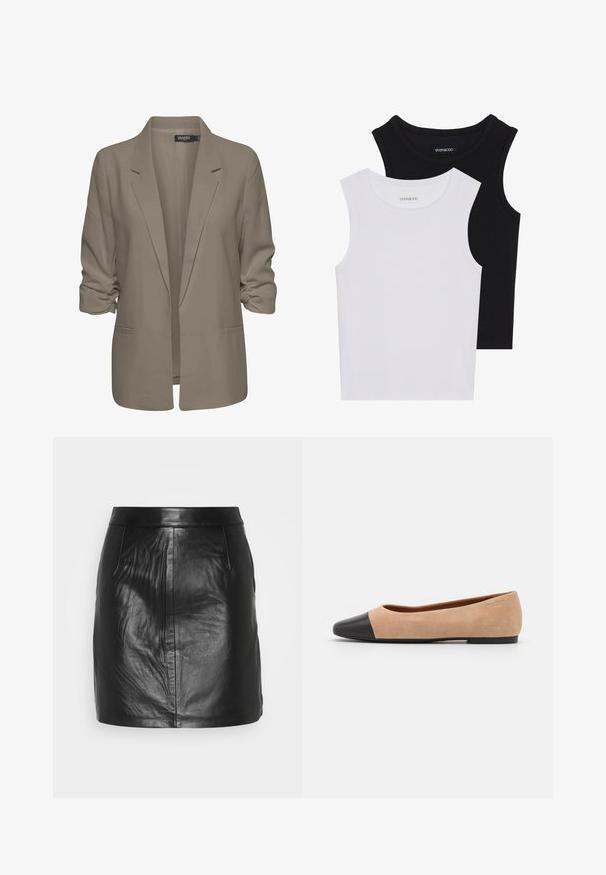 Beige löysä istuva bleiseri, joka on valmistettu sileästä kankaasta, sisältää käännetyt hihansuut, kaksi sivutaskua ja viiltoverhoillun kauluksen muotoilun.; Kaksi hihattomaa toppia mustana ja valkoisena, valmistettu ribbikankaasta, jossa on pyöreät kaula-aukot ja tiukka muotoilu. Tunnisteet näkyvät molemmissa.; Musta nahkainen mini-hame, jossa on sileä rakenne, tiukka siluetti, kaksi sivutaskua ja vyötärö ilman näkyvää kiinnitystä.; Beige mokkasiner i semsket skinn med svart lær ved tuppen, lav hæl og glatt tekstur, med minimal søm og et rent design.